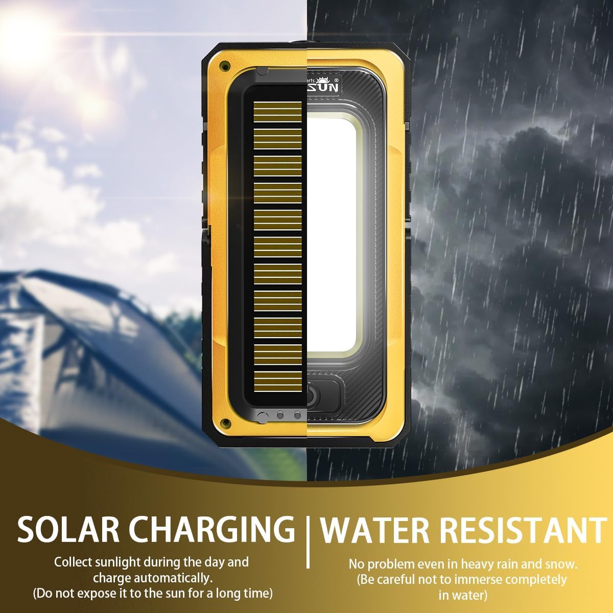 WARSUN Portable Rechargeable Magnetic Work Light, LED Flood Light Waterproof for Outdoor Camping Hiking Emergency Car Repairing (USB + Solar Charging, Yellow)