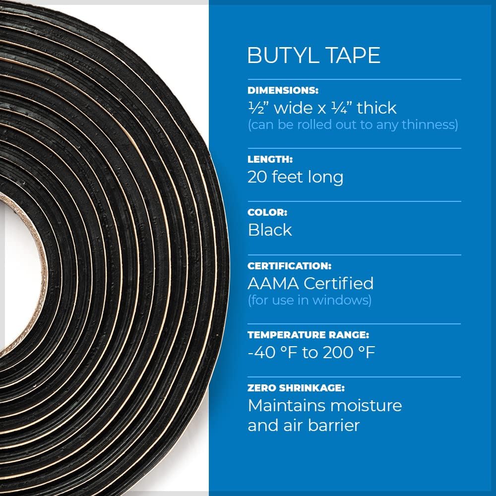 Second Skin Butyl Sealant Tape – Butyl Rubber Sealant, Multi-Purpose Butyl Rope, and Putty Tape for Automotive (Car, RV, Marine) – 1/4” x 1/2" x 20’ – Made in The USA (20 Butyl Tape)