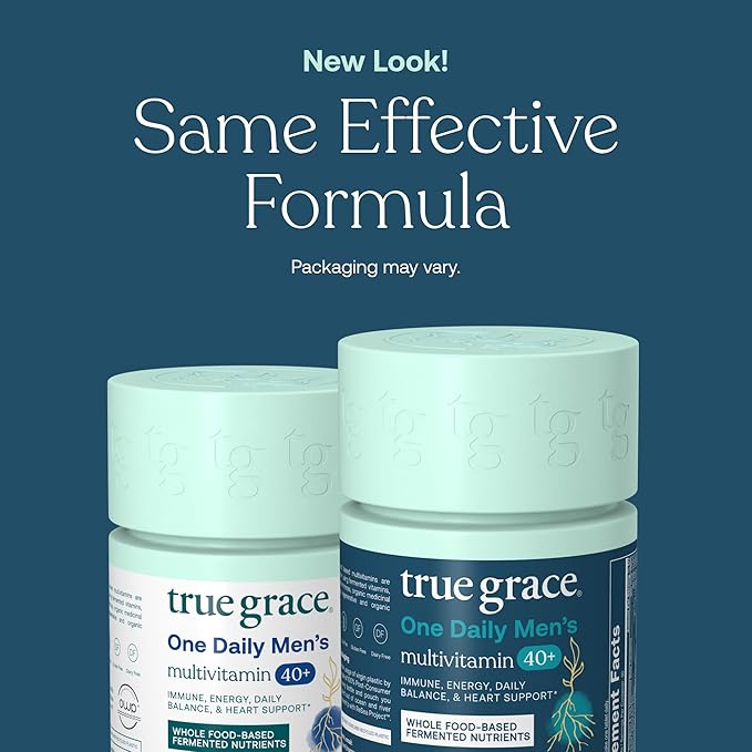 True Grace Men's 40+ One Daily Multivitamin Fermented Minerals, Organic Adaptogens & Mushrooms Whole Body Balance Immune, Endurance, Bone & Heart Support Supplement - Non-GMO - 30 Vegan Tablets