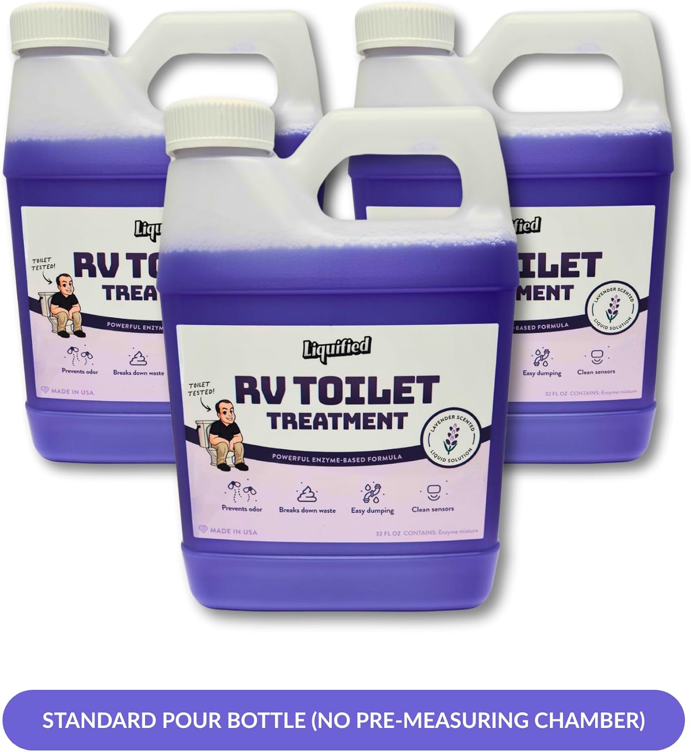 Liquified RV Toilet Treatment - Lavender, 32oz Standard Pour Bottles (3-Pack) - Septic Safe Holding Tank Cleaner, Waste Dissolver & Odor Eliminator - Made in USA