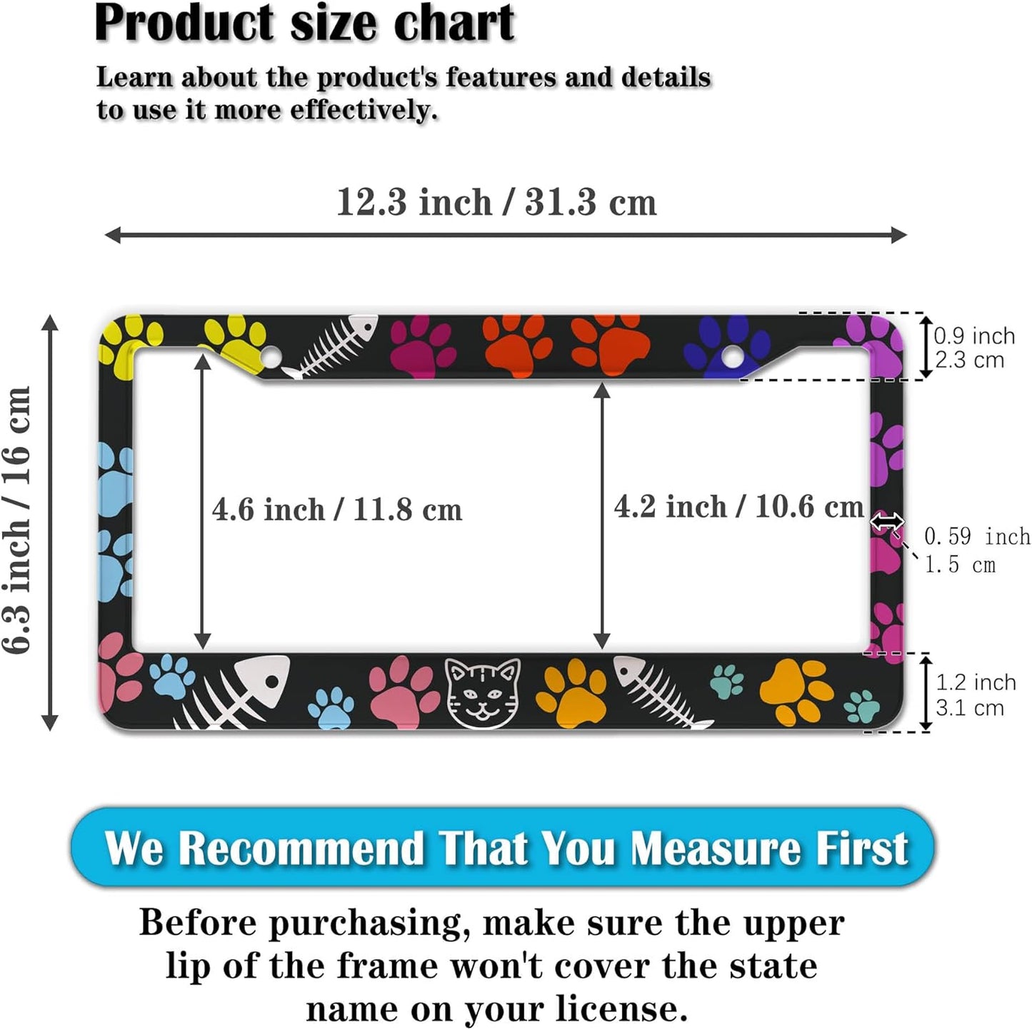 License Plate Frames for Women Multicolor Plate Cover for Car for Men Cat Lover Universal Aluminum Car Accessory 2 Pack with Screw Covers Set