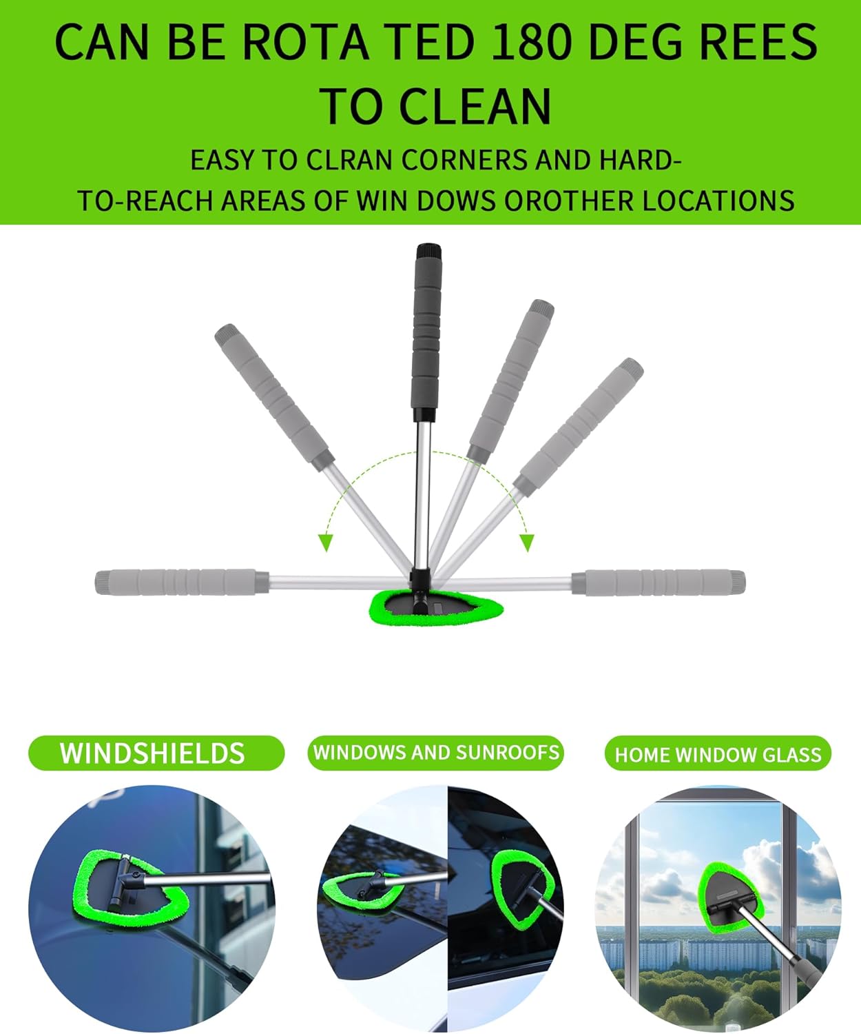 Auto Window Cleaning Tool, Retractable Windshield Cleaner Wand, Car Window Glass Cleaning, Double Sided car Window Cleaner, Microfiber Mirror Cleaning Tool kit. Car Interior Cleaning. (Green)