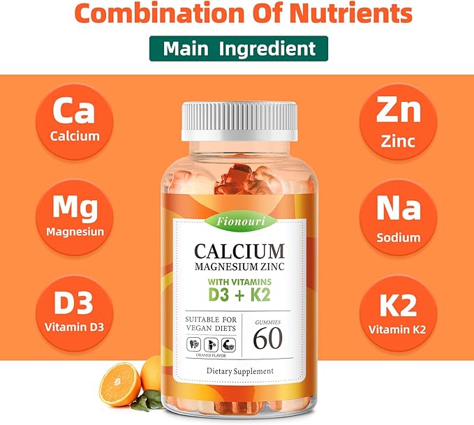Calcium Magnesium Zinc Gummies with Vitamin D3 & K2 - High Potency Enhanced Absorption -120 Orange Gummies Flavored