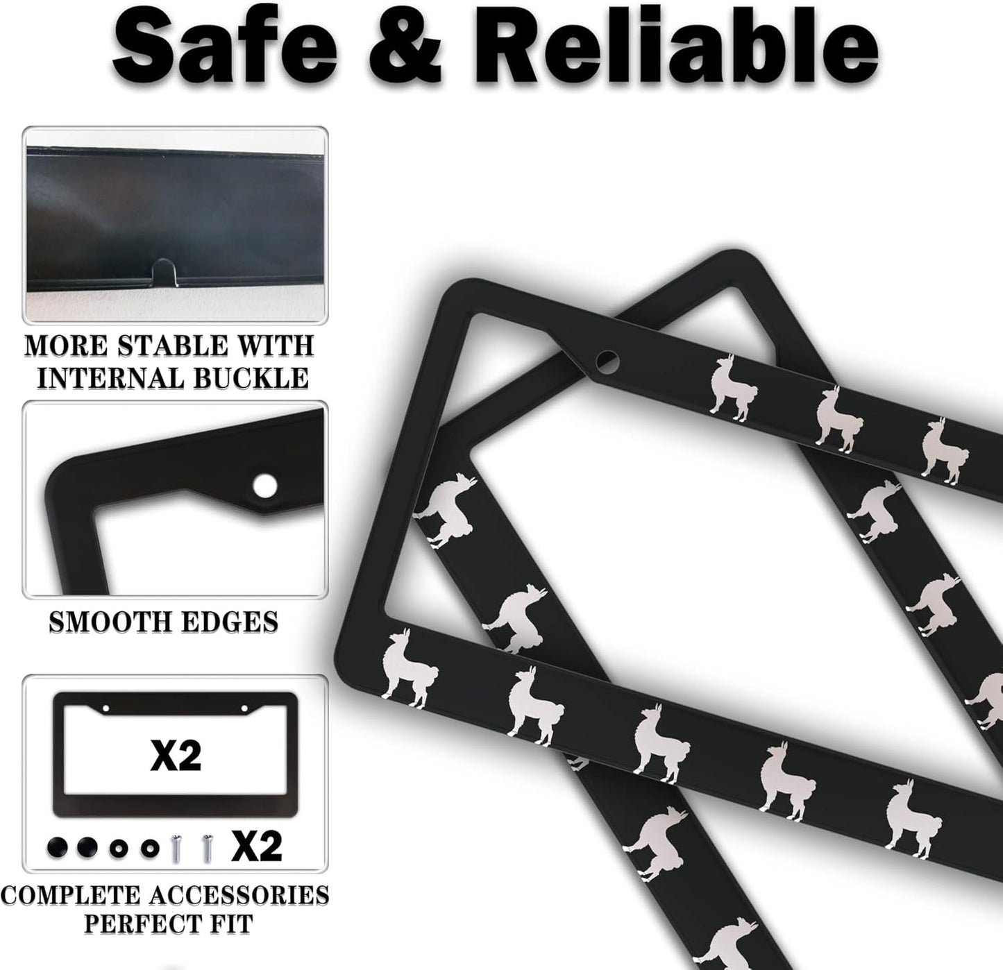 License Plate Frames Black and White Automotive Exterior Accessories Llama Aluminum Metal Car Accessory 2 Pack with Screw Covers Set
