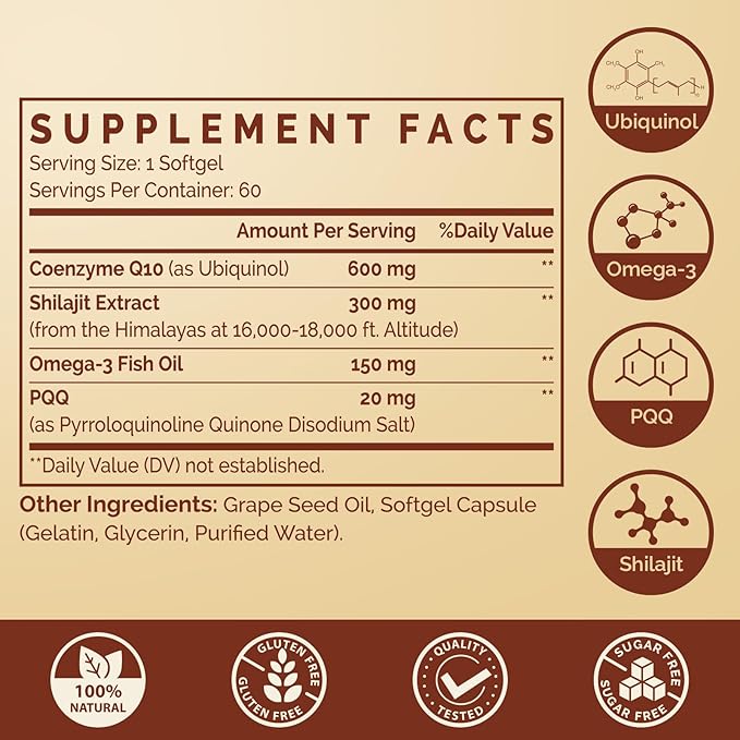 Ubiquinol CoQ10 600 MG Softgels with Omega-3 & Shilajit & PQQ, Advanced Dual-Delivery Coenzyme-Q10, Active CoQ10 Ubiquinol Supplement for Fertility, Antioxidant, Heart, Brain & Energy, 120 Servings