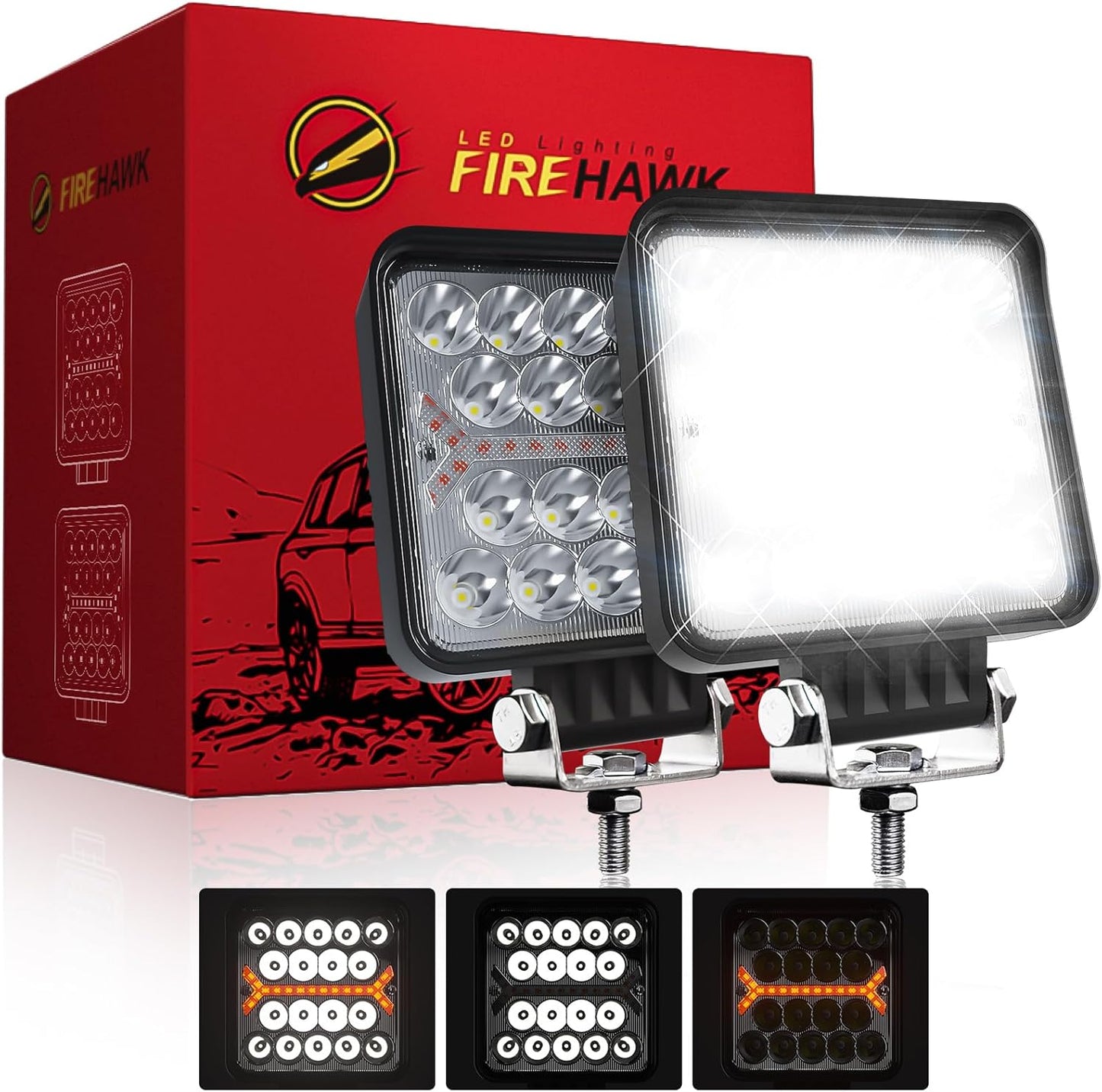 Firehawk LED Light Pods Bar 4 Inch 30000LM 60W Square Spot Flood Amber White Driving Offroad Fog Work Backup Bumper for Truck Jeep ATV UTV SUV Tractor Motorcycle 4x4 Cart Trailer Boat Waterproof 2PCS