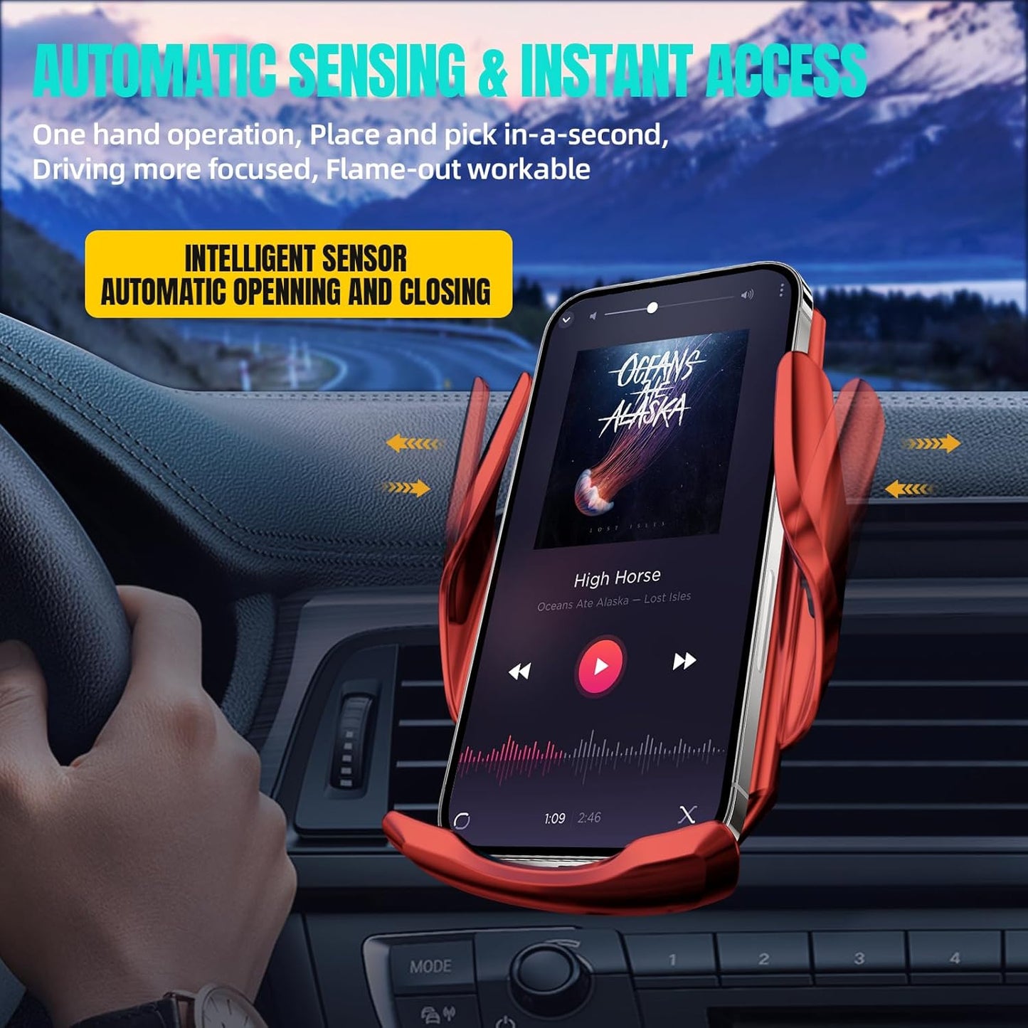 Wireless Car Charger, MAX 15W Fast Charging Auto Clamping, Sensing Phone Holder Mount, fit for iPhone 16 15 14 13 12 Pro Max Xs X, Samsung Galaxy S24 Ultra S23 S22 S21 S20 Note20 (4-Red)