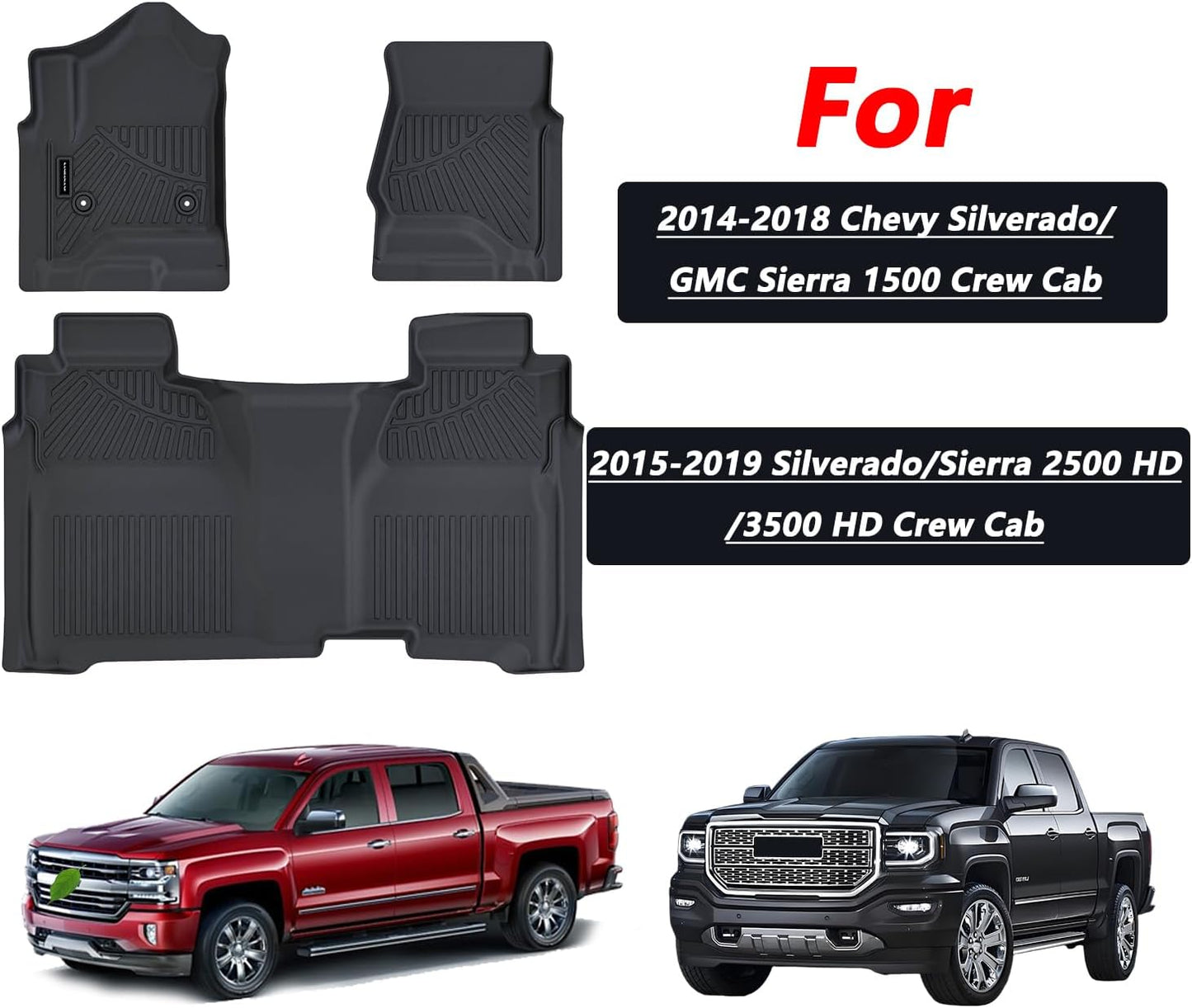 Floor Mats for 2014-2019 Chevy Silverado GMC Sierra 1500 Crew Cab, Chevrolet Silverado/Sierra 2500 HD/3500 HD Crew Cab TPE All Weather Protection Car Floor Liners Accessories