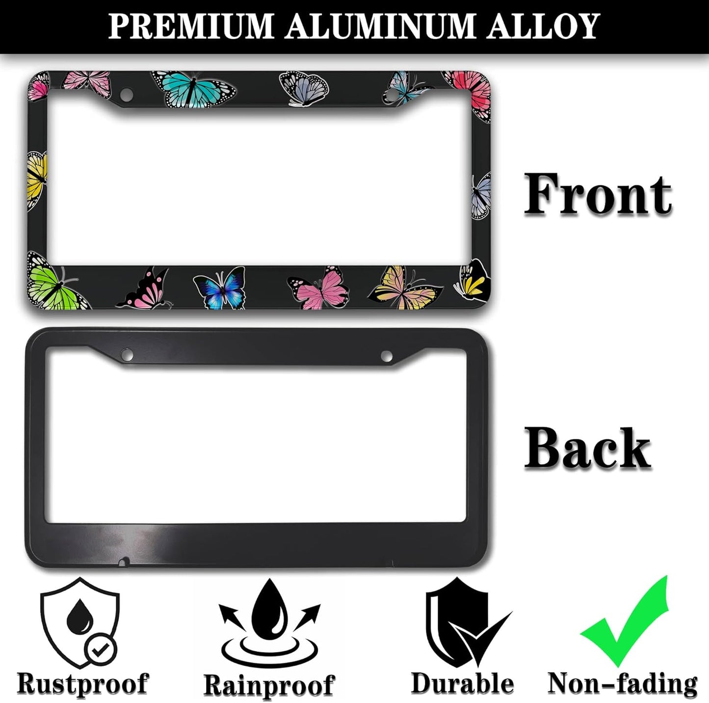 License Plate Frames for Women Multicolor License Plate Frame Holder for Men Butterfly Aluminum Metal Car Accessory 2 Pack with Screw Covers Set