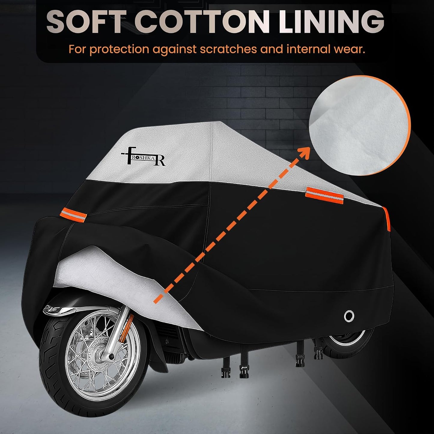 Motorcycle Cover Waterproof Outdoor with Cotton Lining, All Weather Protection from Rain, Dust & Snow - 300D Heavy Duty, Lock Holes, Storage Bag, Universal Fits up to 96" Motorcycles - MC1