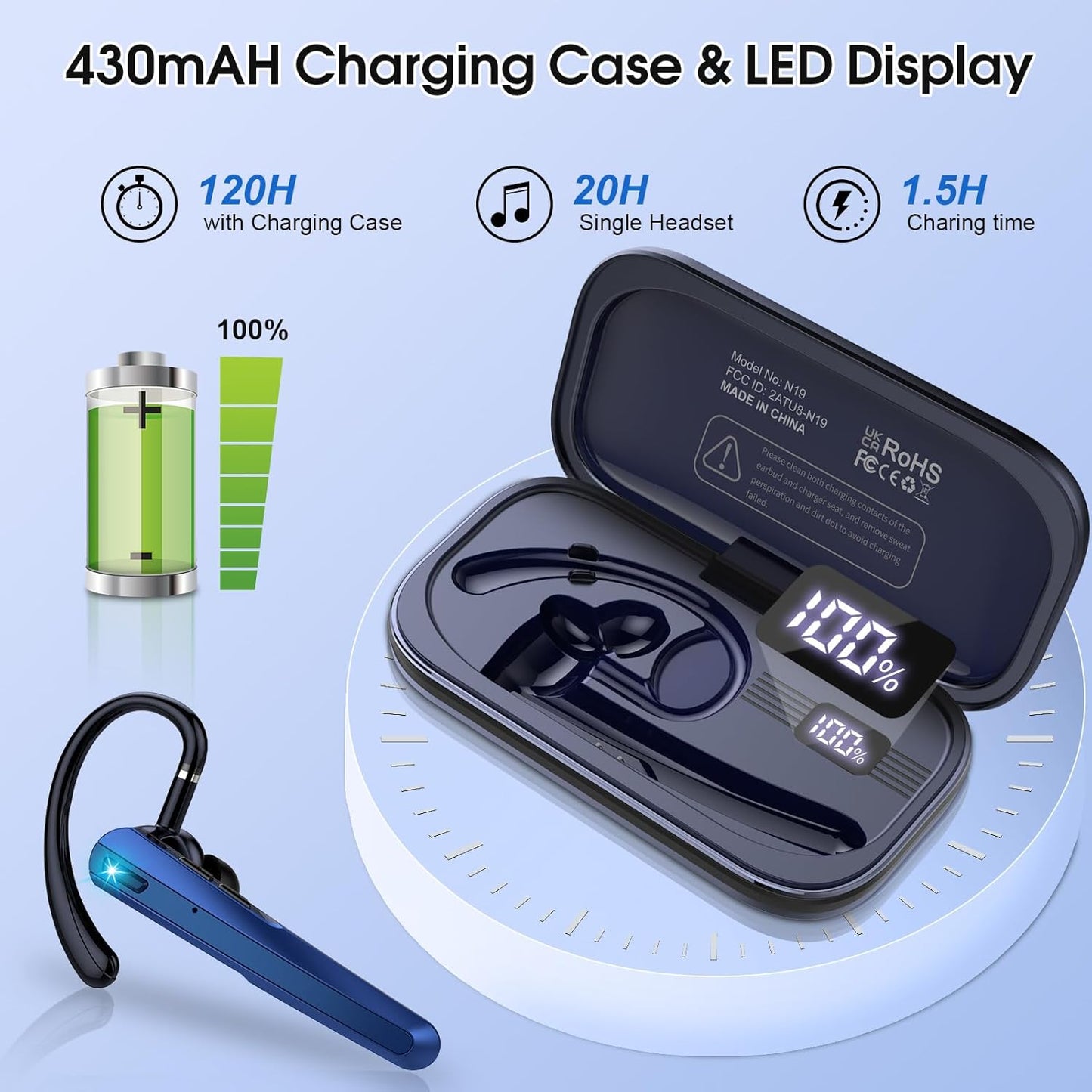 Bluetooth Headset V5.3, Wireless Earpiece with Dual ENC Noise Canceling Mic, 120H Hand-Free Talk Single-Ear Bluetooth Earpiece with LED Display, IP7 Waterproof Headphones for Trucker, Dark Blue