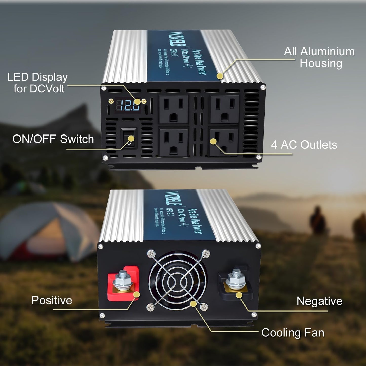 WZRELB 2000W Pure Sine Wave Inverter 24V DC to 110V 120V AC,Car Power Inverter with 4 AC Outlets, LED Display,Off-Grid Portable Power Converter for Home, RV, Truck, Camping