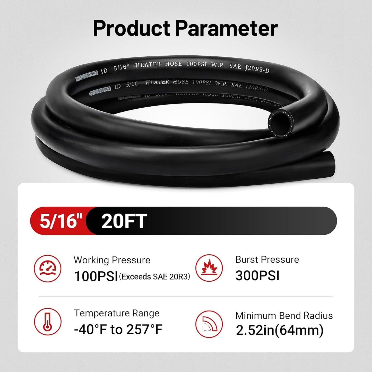 EVIL ENERGY 5/16" Heater Hose Coolant Radiator Straight 100PSI SAE 20R3 20FT Black