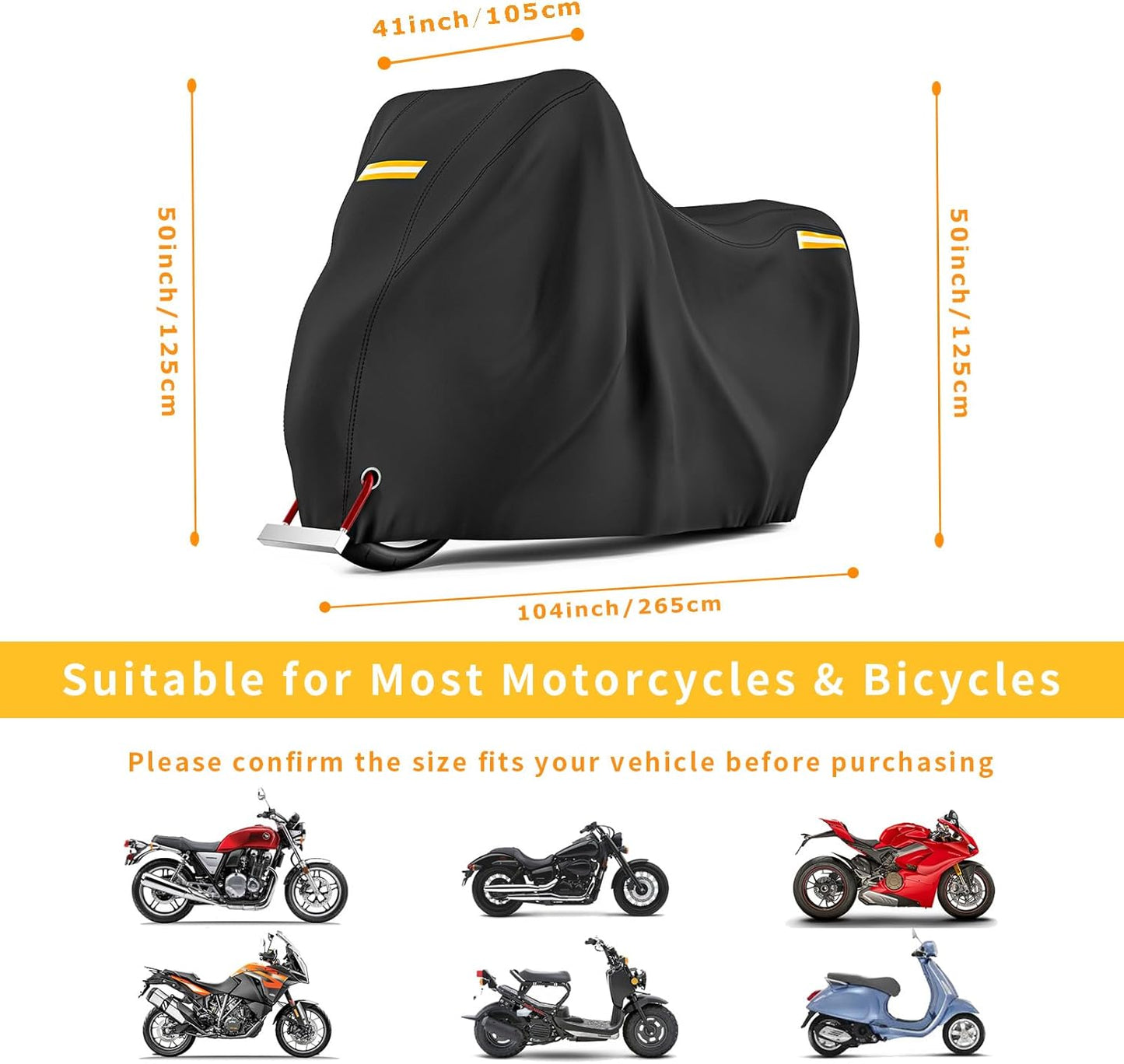 210D Motorcycle Cover All Season Waterproof Breathable Sun Outdoor Protection Three Reflective Tape with Lock-Holes & Storage Bag Bike Scooter Cover Universal (Black, 104''*41''*50'')