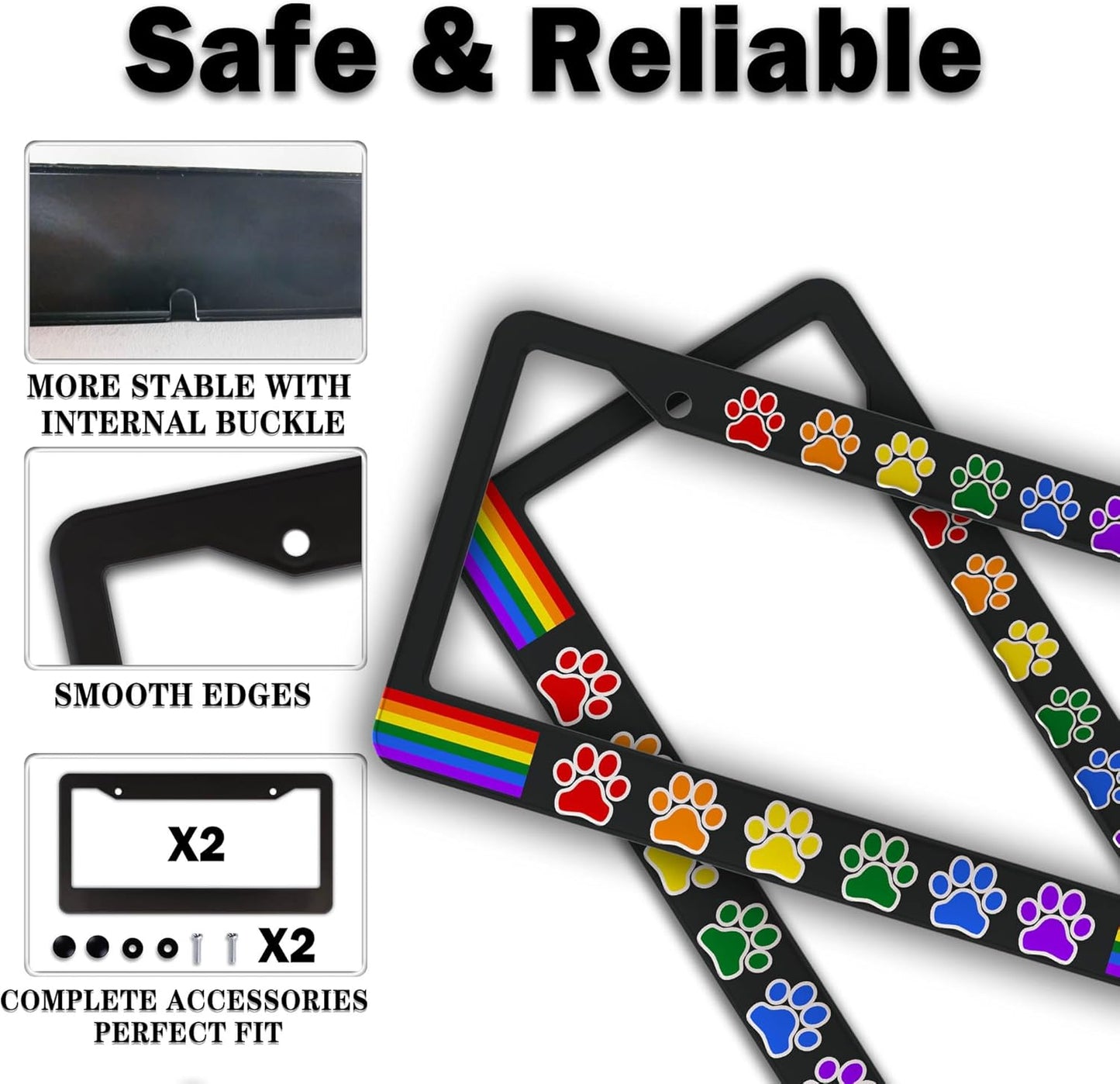 License Plate Frames for Women Multicolor License Plate Holder for Men Gay Rainbow Paw Universal Aluminum Car Accessory 2 Pack with Screw Covers Set