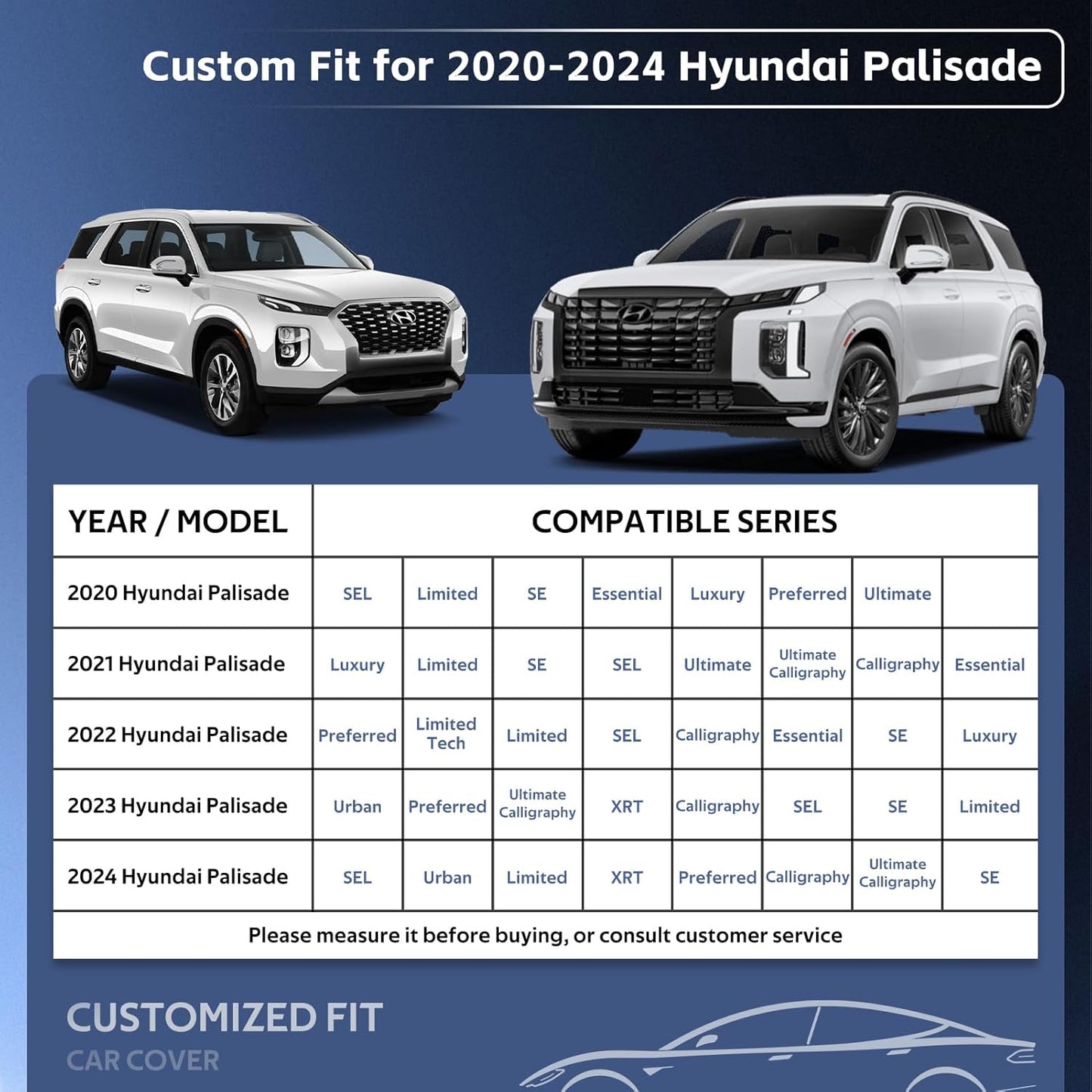 10 Layers SUV Car Cover Custom Fit for Hyundai Palisade (2019-2024) Waterproof All Weather for Automobiles, Outdoor Full Cover Sun UV Rain Protection with Cotton.Black