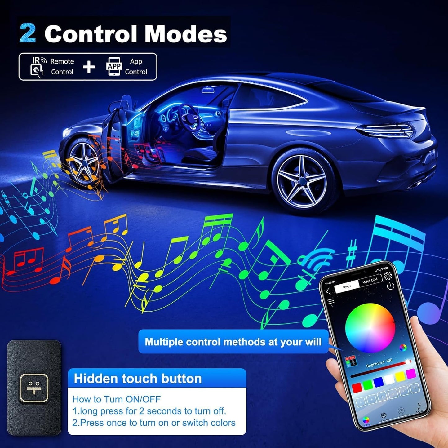 Acrylic Interior Car LED Strip Light with Wireless APP, RGB 10 in 1 with 175 inches 600 LEDs Fiber Optic Car Ambient Lighting Kits, 16 Million Colors Sound Active Function LED Strip for Car