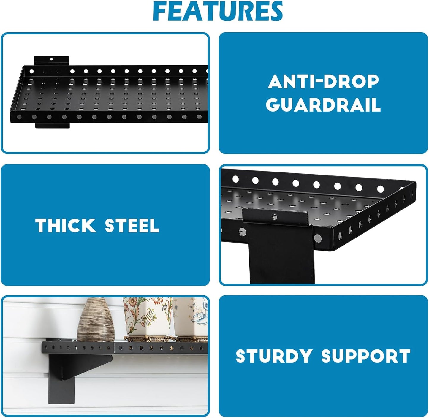 Slatwall Shelves 24x10 Inch, Slatwall Accessories for Retail, Garage, Home Storage, Heavy Duty Slat Wall Hanging Shelf (4, Black)