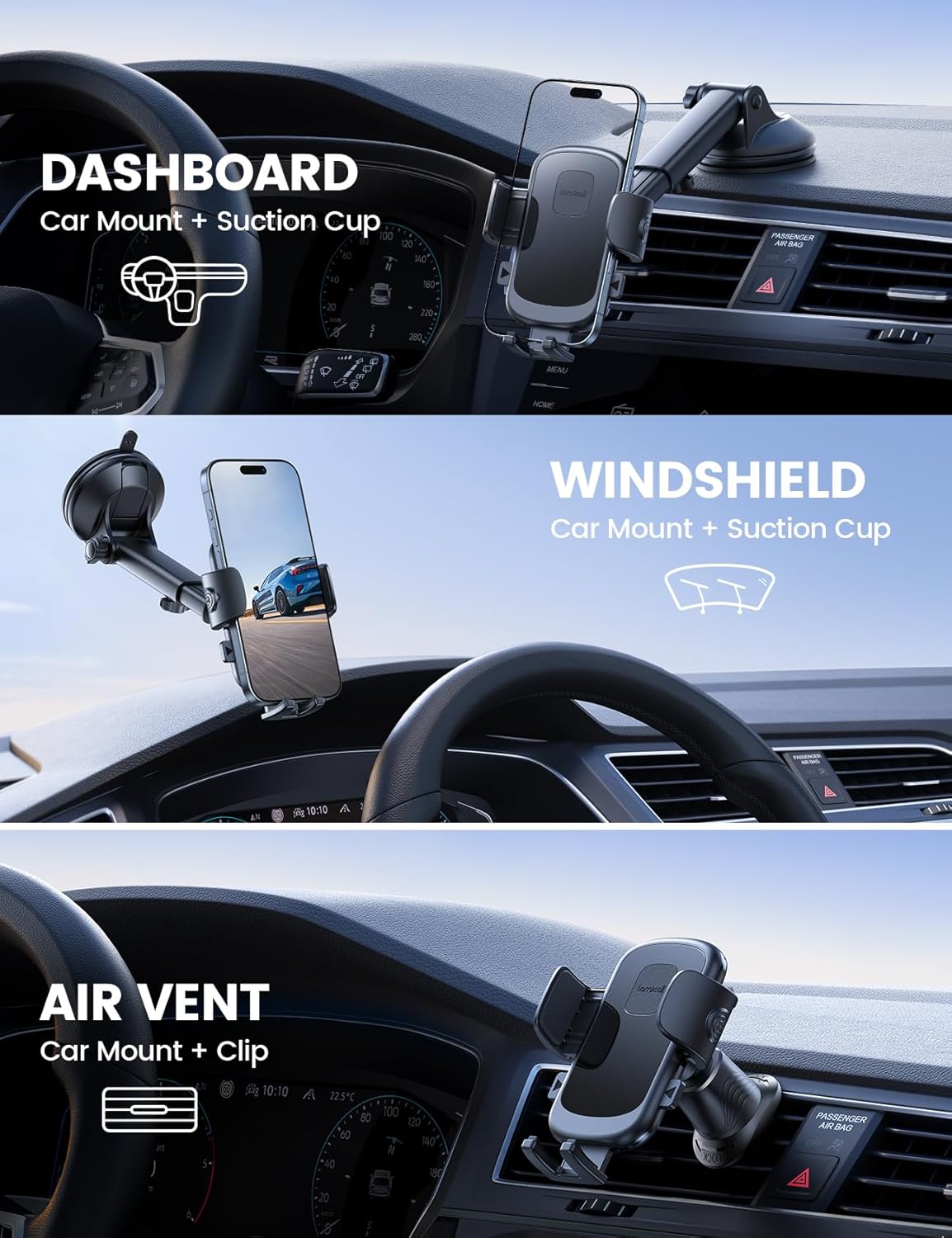 Lamicall Car Phone Holder Mount [3-in-1 Military-Grade Suction Cup] 360° Rotation Phone Holders for Your Car [Metal Hook] Cell Phone Car Mount Dashboard Vent Windshield Smartphone LeatherGrain