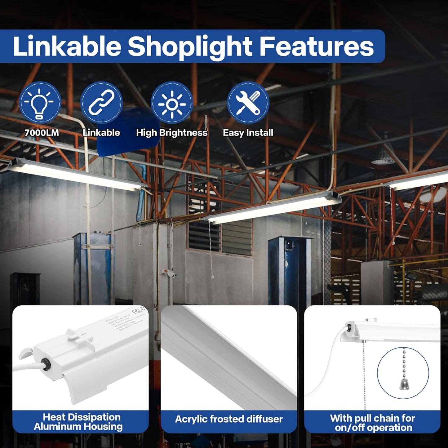 4-Pack 4ft Linkable Led Shop Light, Plug in Garage Lighting with Power Cord and Pull Chain, 7000lm Garage Ceiling Lights, Workshop Led Hanging Lights for Basements, Warehouses, ETL Listed