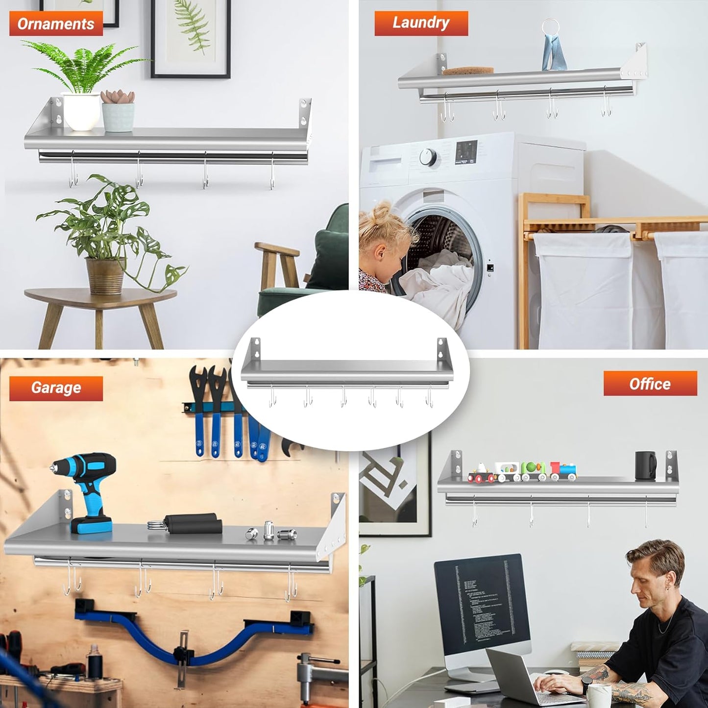 Skyflame 12" x 36" Wall Shelf with 6 Hanging Hooks for Storage, Stainless Steel Commercial Shelving with Side Guards for Bar, Utility Room, Kitchen, Garage