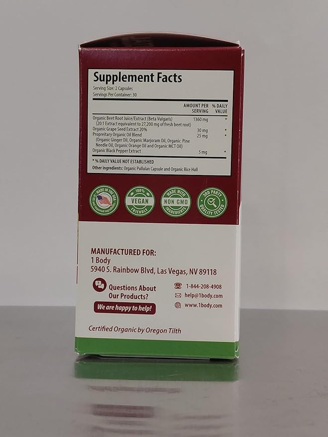 1 Body Beet Vital, Organic Beet Root Supplements for Circulation, Energy, & Stamina, Nitric Oxide Booster Beets Supplements with 1360mg Beetroot Extract, Vegan, Non-GMO, 60 Beetroot Capsules