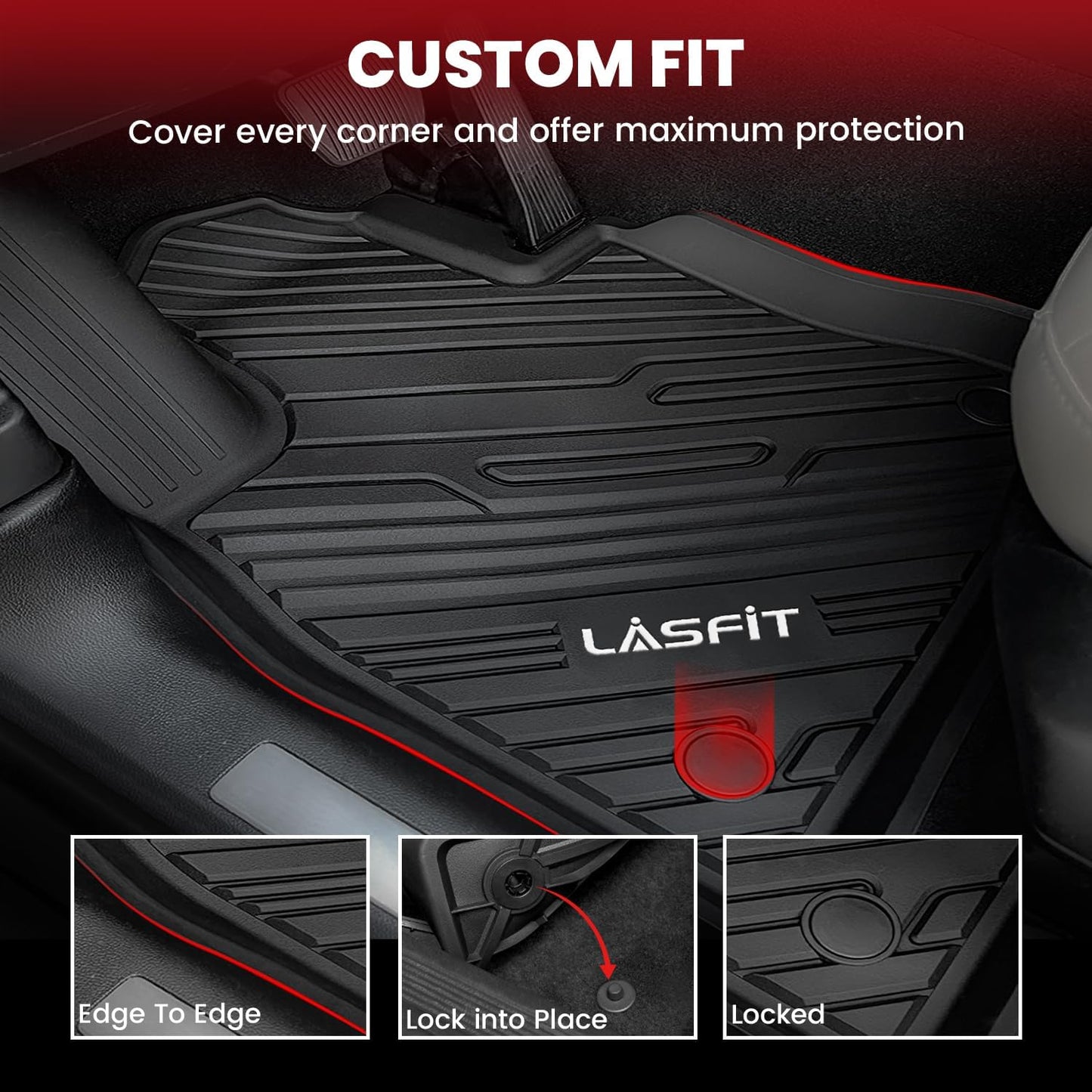 LASFIT Floor Mats for Ford Explorer 2020-2025 7 Passenger TPE All Weather Protector Anti-Slip Floor Liners, 2025 2024 2023 2022 2021 2020 Explorer 7 Seats Accessories, 1st& 2nd& 3rd Row, 4pcs Black