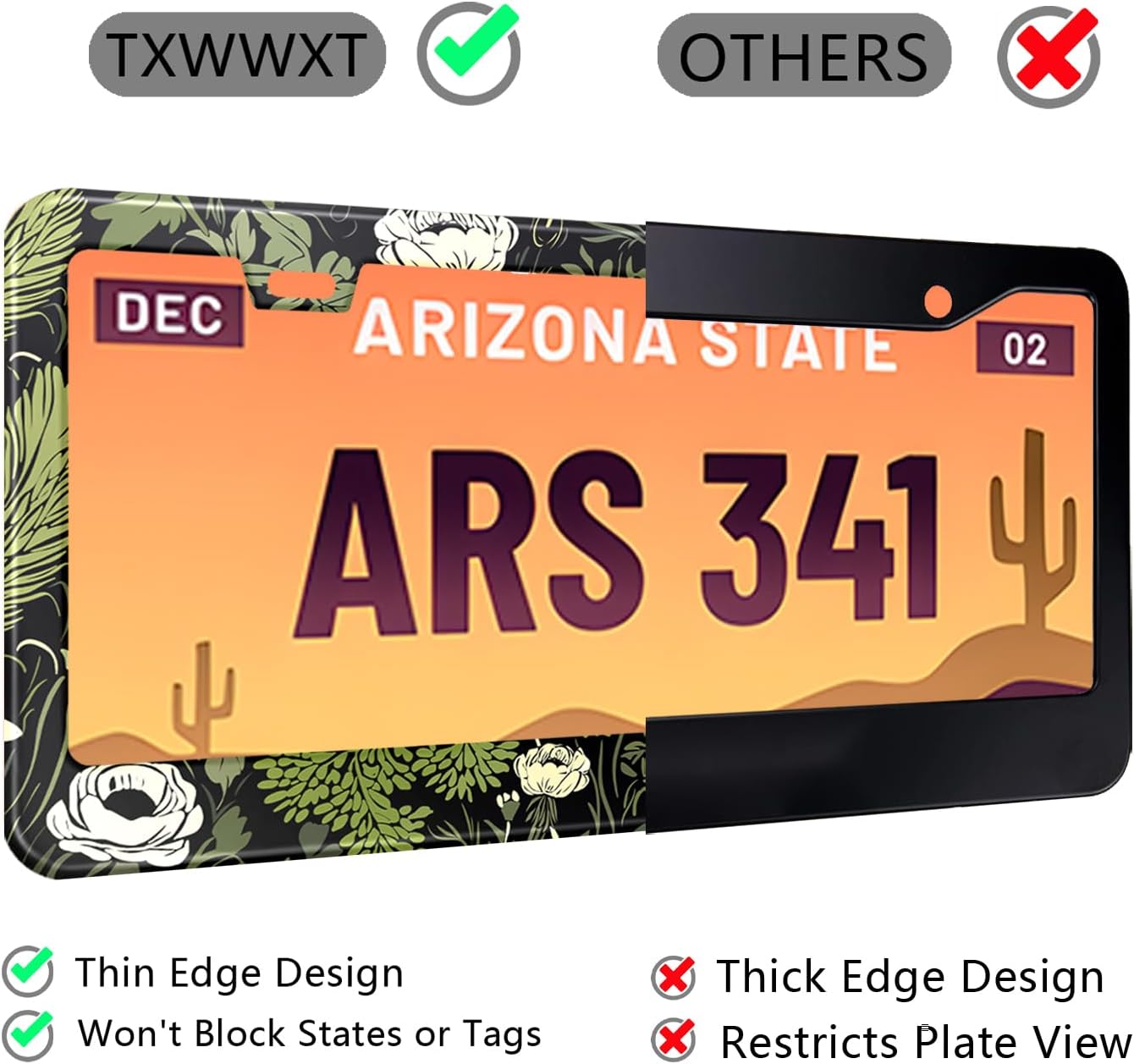 Sage Green Floral License Plate Frame Plant Flowers Stainless Steel License Plate Frames Holder Covers Rust-Proof Auto Parts Decoration with Screws License Plate Holder for Car Accessories 12x6 Inch
