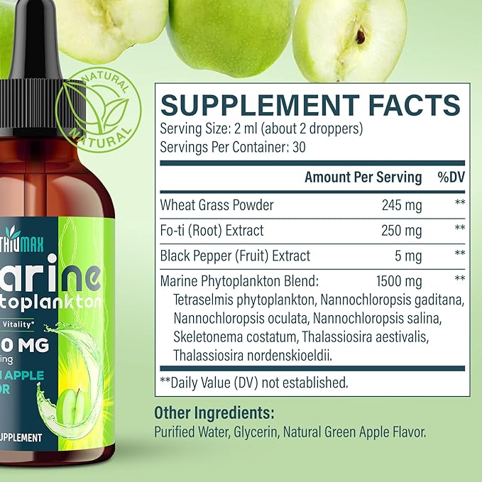 Marine Phytoplankton Drops 2000mg - High Absorption Phytoplankton Supplement with Wheatgrass & Fo-ti for Cellular Wellness, Hair Growth, Energy & Immunity - Green Apple Flavor, 2 fl oz (Pack of 2)