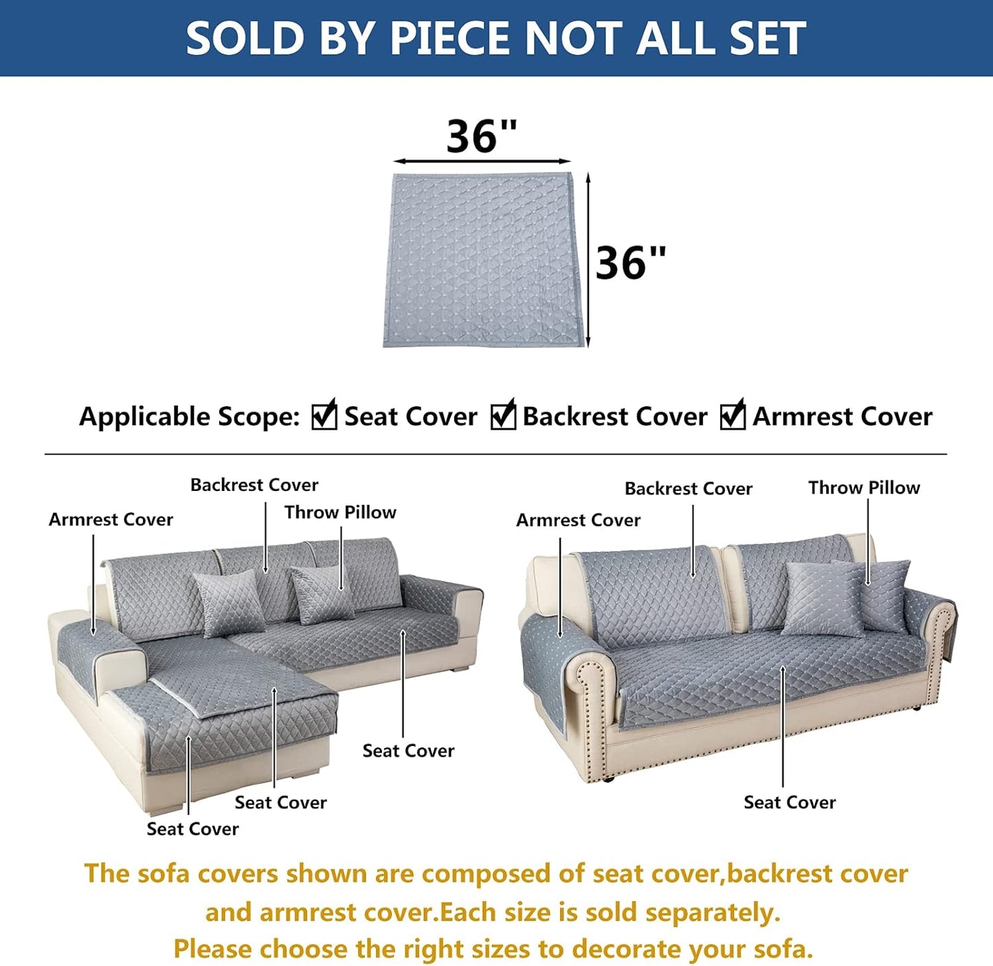 Eismodra Couch Cover,Sectional Couch Covers,Sofa Covers for 3 Cushion Couch,Anti-Slip Sofa Slipcovers for Dogs Cats Kids Loveseat Recliner L Shaped Armrest Backrest,Light Gray 36''x36''(Only 1 Piece)