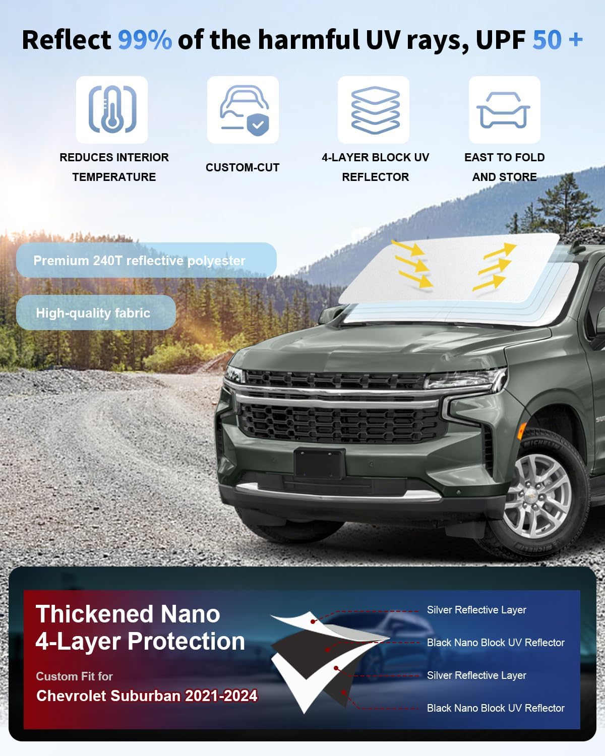 Windshield Sun Shade Sunshade for 2021-2023 2024 2025 Chevrolet Chevy Suburban Accessories Dual-Layer 240T Reflective Windshield Cover Front Window Protector Sun Visor Blocks UV Rays Keep Car Cooler