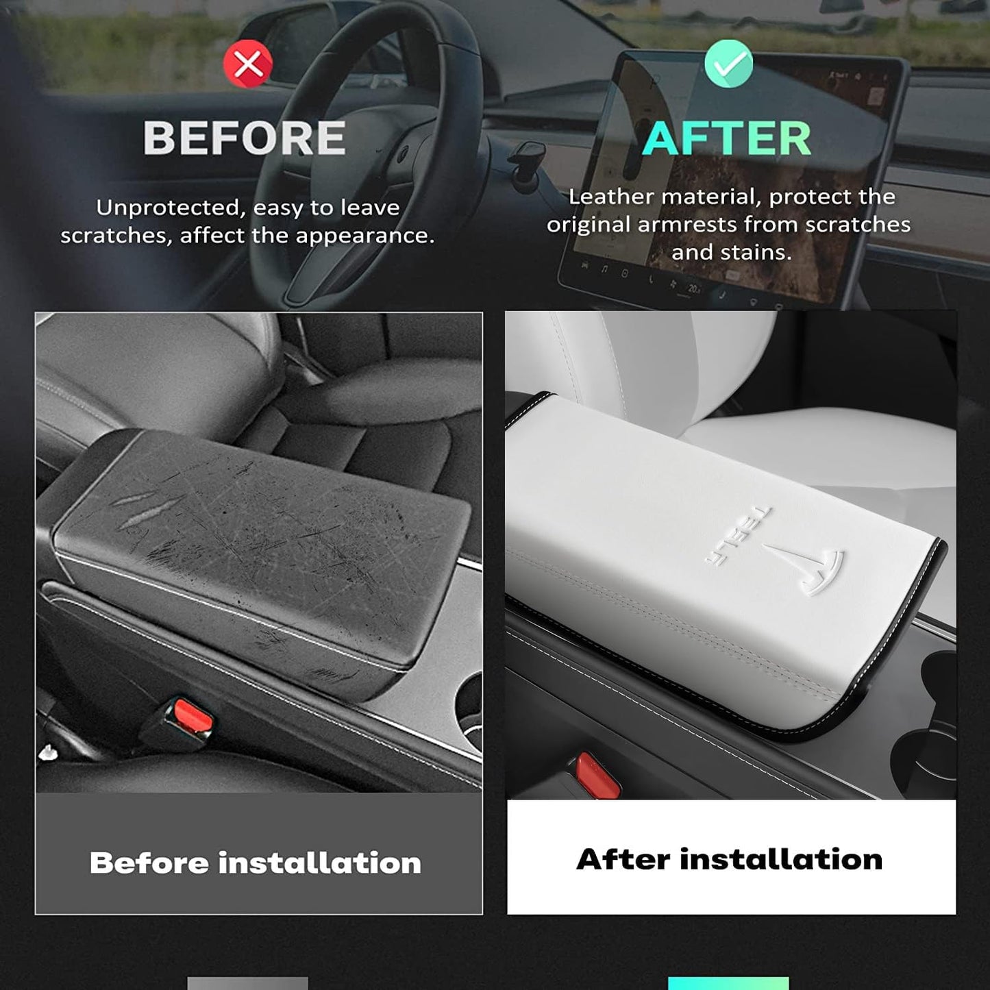 Car Armrest Cover for Tesla Model 3 Y Leather Center Console Armrest Box Cover Anti-Scratch Protector Pad Interior Accessories for Tesla Model 3 Model Y 2017-2023