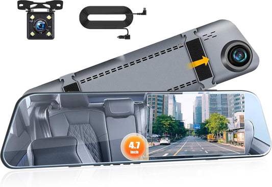 Mirror Dash Cam 4.7 Inch Rear View Mirror 720P Front and Rear View Dual Cameras with Super Night Vision,Parking Assistance,Loop Recording,24H Parking Monitor, Waterproof Backup Camera