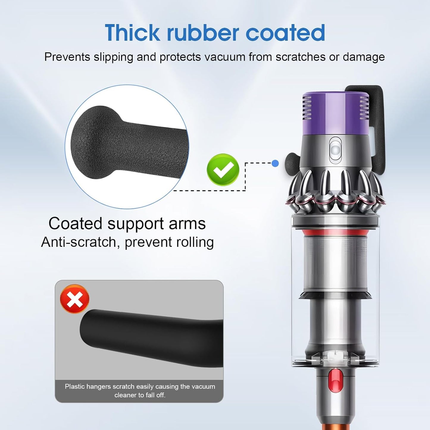 Upgraded 2 Pack Easy Access Cordless Vacuum Wall Mount Hanging Holder fits for Dyson V-Series & Outsize Stick Vacuums – Heavy Duty Metal Wall Rack with Rubber Coating, Garage Shed Storage Brackets