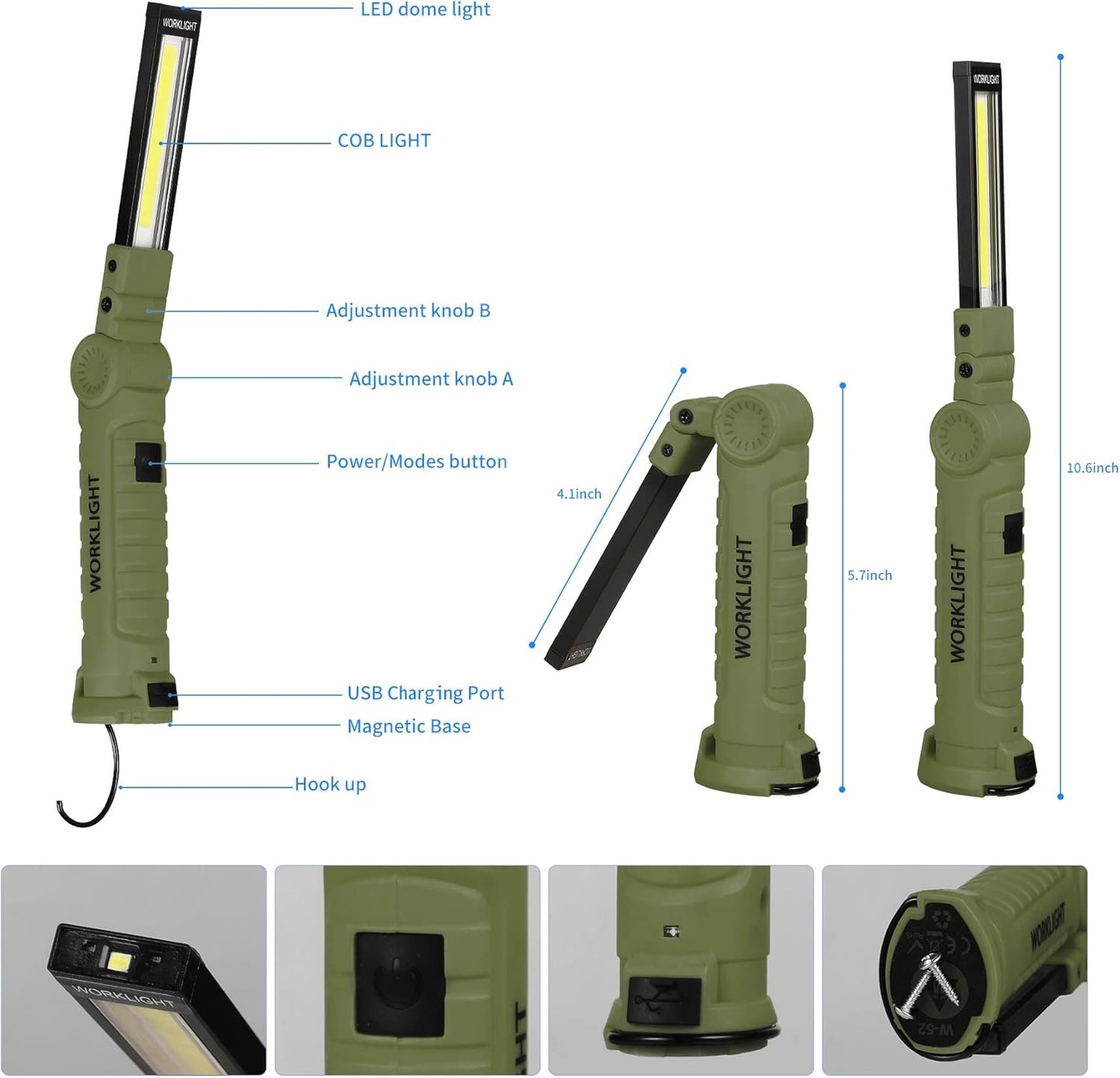 Suranew LED Worklight Flashlight, COB Rechargeable Work Lights with Magnetic Base 360 Degree Rotate and 5 Modes Portable Flood Light Inspection Construction Light for Car Repair (Army Green, 2 Pack)