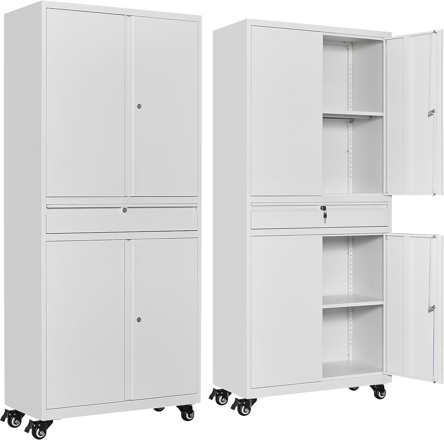 SISESOL White Metal Storage Cabinet with Wheels and Drawer,Rolling Garage Cabinet with Locking Doors and Adjustable Shelves,73" Mobile Tall Large Metal Cabinets for Home,Office,Garage,Shop
