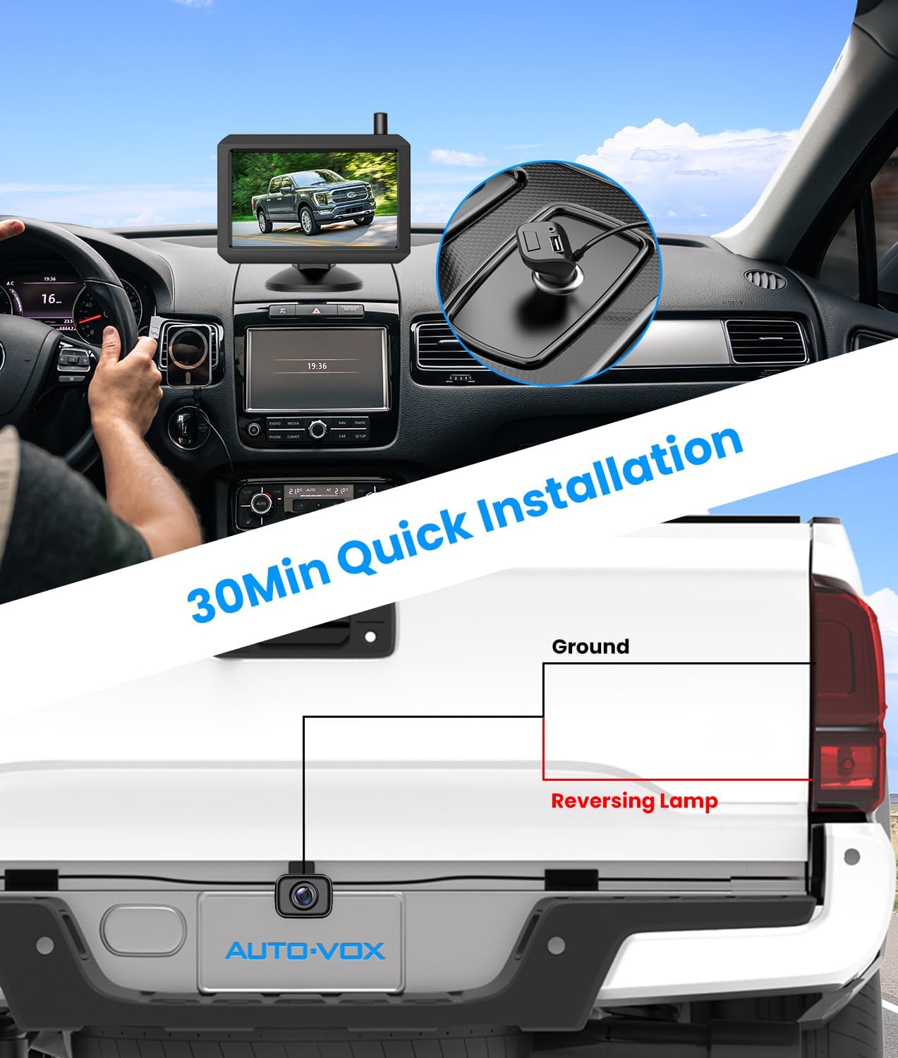 Wireless Backup Camera for Trucks: 5 Inch HD Monitor, Easy Install Stable Digital Signal Back Up Camera System, Dual Channel Color Night Vision Rear View Camera for Car Pickup SUV Van - AUTO-VOX W7Pro