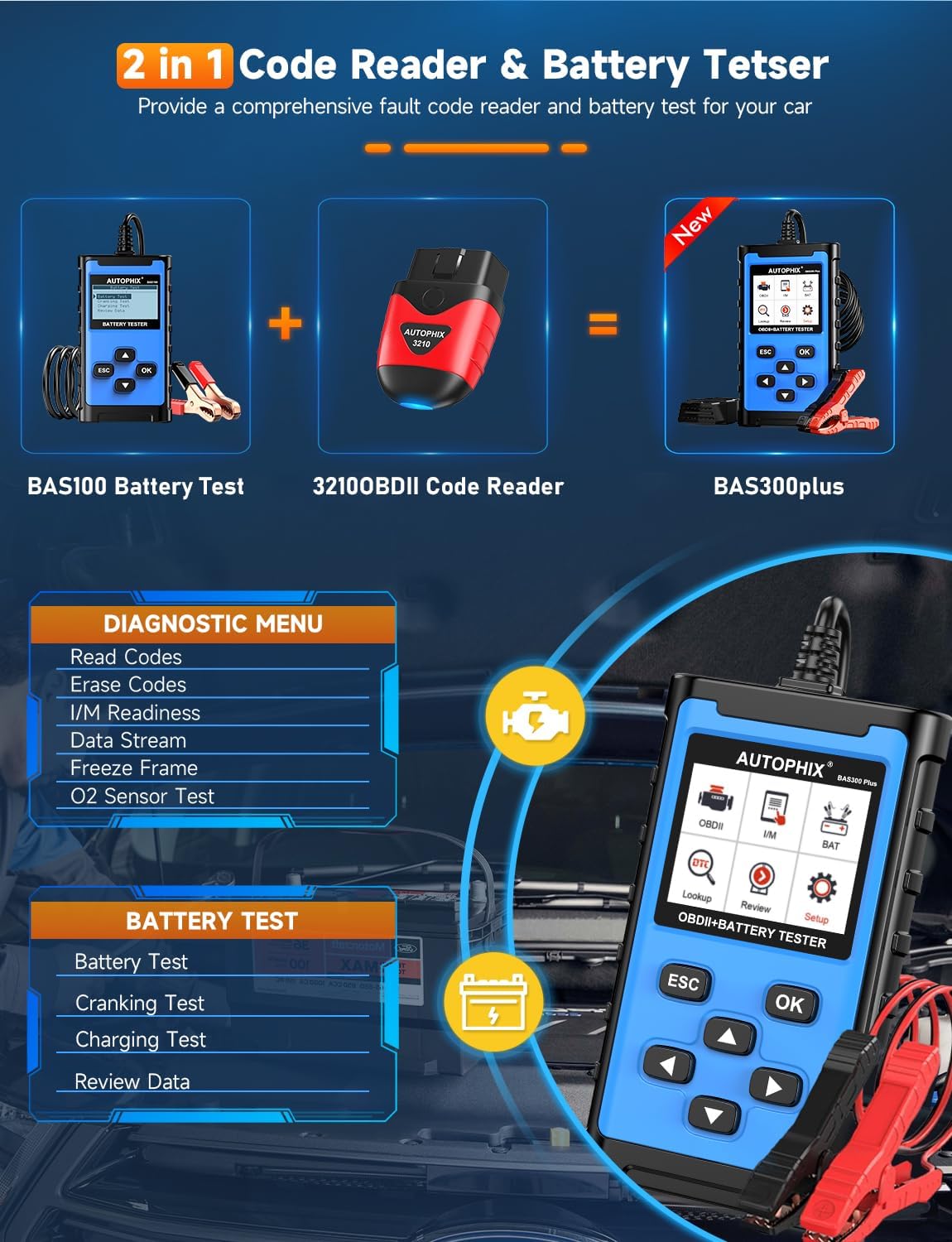 AUTOPHIX BAS300 Plus OBD2 Scanner & Battery Tester(Upgrade of BAS100), 2-in-1 Car Diagnostic Tool, 12V 100-2000 CCA Battery Charging Cranking Test, Check Engine Light Car Code Reader for All US Cars