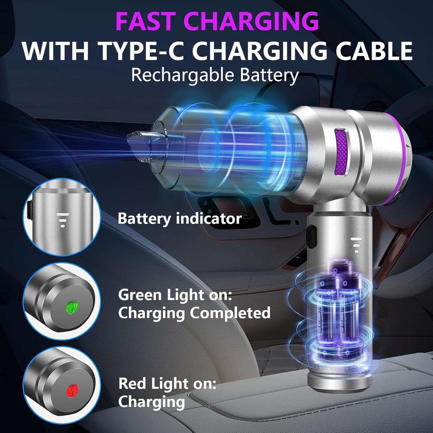 Car Vacuum,4-in-1 Mini Cordless Vacuum Cleaner with 3 Suction Modes&23000pa Suction,Portable Handheld Vacuum with LED Light,Multi-Nozzles&Brushless Motor&Air Dusters,TypeC for Car/Home/Pet/Office