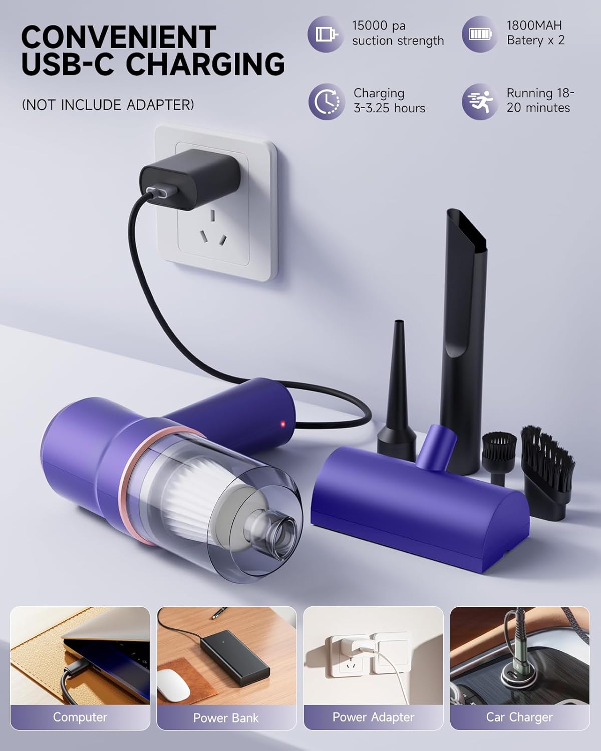 Handheld Vacuum Cordless Rechargeable with LED Light and Multi-Nozzles,15000 Pa Car Vacuum Portable Cordless, 120W Powerful Mini Vacuums Cleaner for Home, Car, Pet Hair, DC Motor, Blue