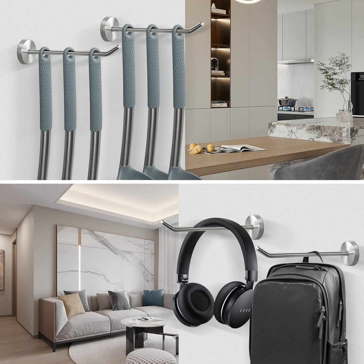 NearMoon Coat Hooks, Wall Hooks for Hanging Hat Hurse Robe, 304 Stainless Steel Heavy Duty Towel Hangers for Bathroom Livingroom Hotel Kitchen Garage, 6 Pack (8 Inch, Brushed Nickel)