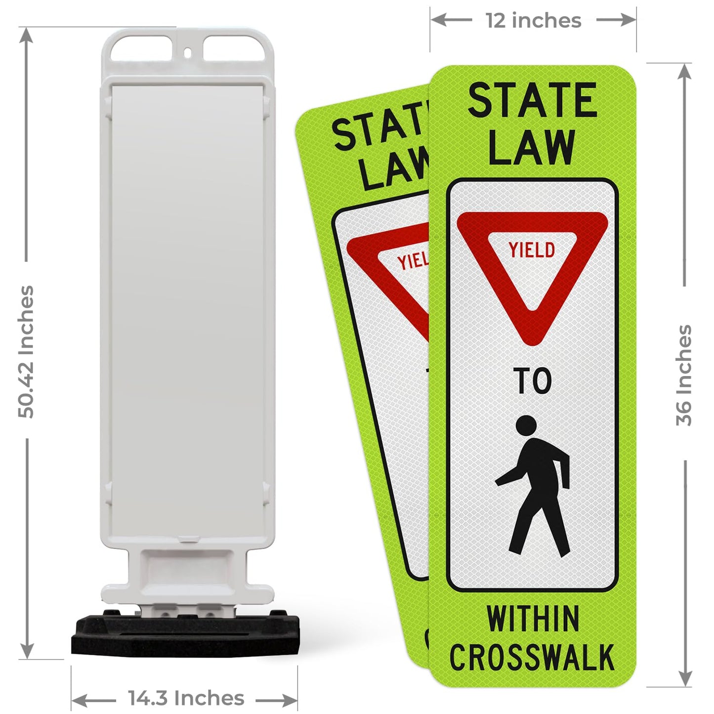 State Law Yield For Pedestrian Within Crosswalk R1-6a MUTCD Sign, Double Sided 3M Engineer Grade Reflective, Portable Rubber Base, Impact Resistant Plastic Frame