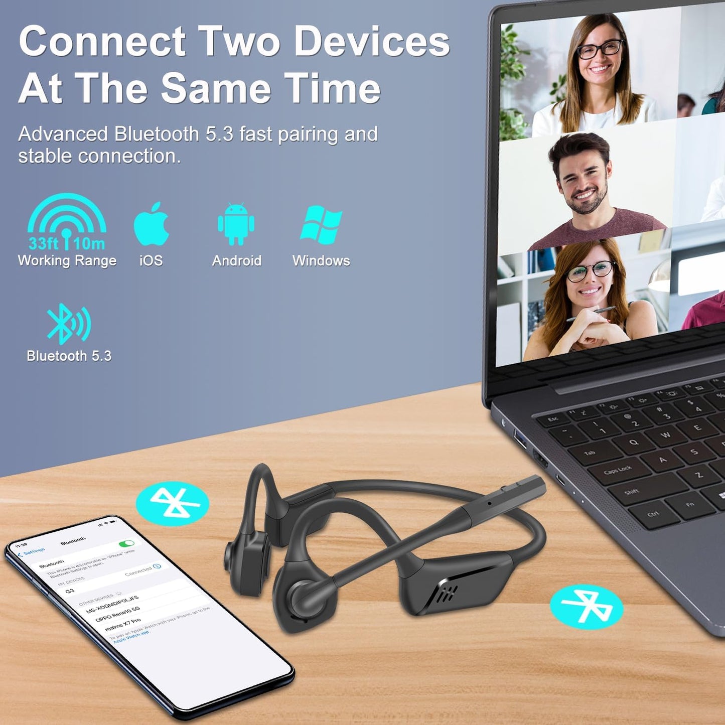 Trucker Bluetooth Headset with DSP Noise Cancelling Microphone, Open Ear Headphones for Calling, Bluetooth 5.3 Wireless Headset with Mute Button for Computer Work, 16H Playtime