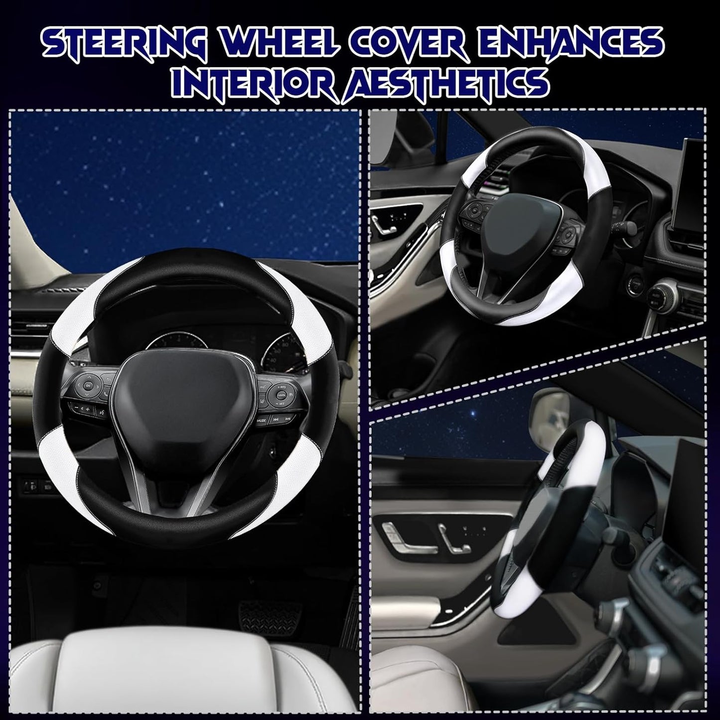 Soft Leather Steering Wheel Cover with Breathable Design and Anti-Slip Grip, Fully Compatible with Tesla, Toyota, Honda, Nissan 14.2-14.96 inch Round Steering Wheel（Sedans and SUVs）
