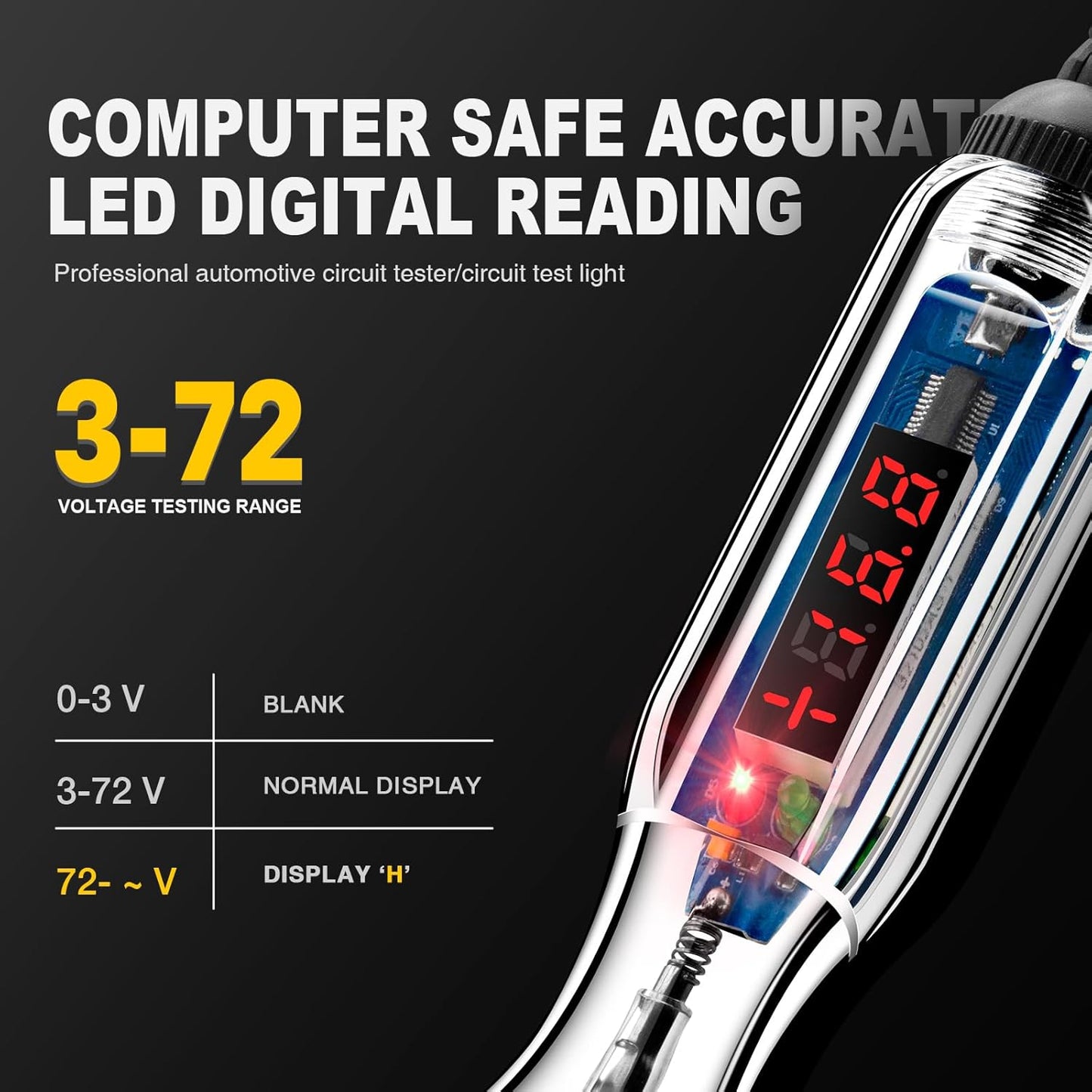 Upgraded 3-72V LED Digital Automotive Circuit Tester, DC Voltage Test Light with Voltmeter & Polarity Indicator Light, Vehicle Circuits Low Voltage Light Tester Pen with Sharp Stainless Probe