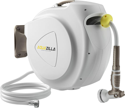 Retractable Garden Hose Reel, 1/2 in 100+6 ft, Heavy Duty Wall Mounted Water Hose Reel, Spring Power Automatic Rewind, Any Length Lock, 180° Swivel Bracket, 10 Pattern Spray Nozzle