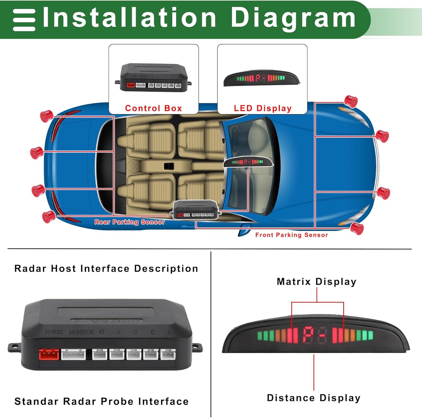 Motoforti Universal Car Auto Vehicle Reverse Backup Radar System Reverse Parking Sensors Alarm Buzzer Reminder Distance Detection Red 8 Parking Sensors