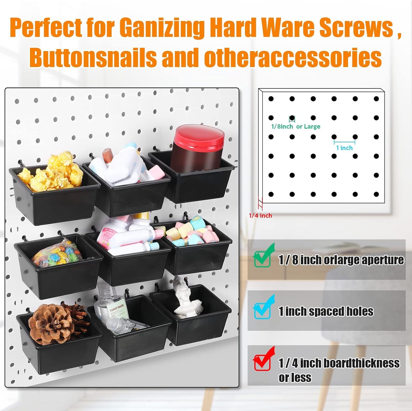 Yookeer 20 Pcs Pegboard Bins and Cups with Hooks and Loops Peg Assortment Organizer Accessories Various Tool Organizer Pegboard Baskets Set for Garage Workshop Workbench Office(Black)