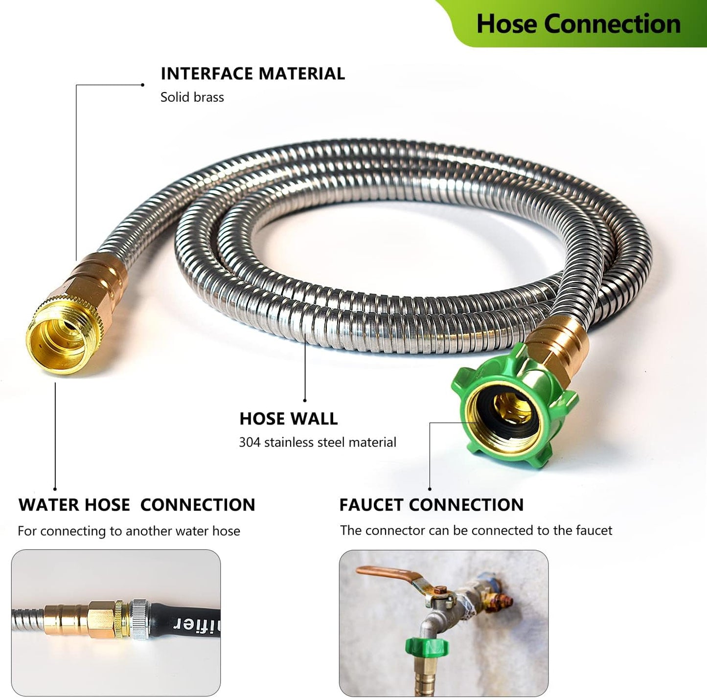 Metal Short Garden Hose 8 ft, Stainless Steel Water Hose Leader, Small Hose Extension, Lightweight Flexible Hose Extender for Outdoor Watering Washing (8FT)