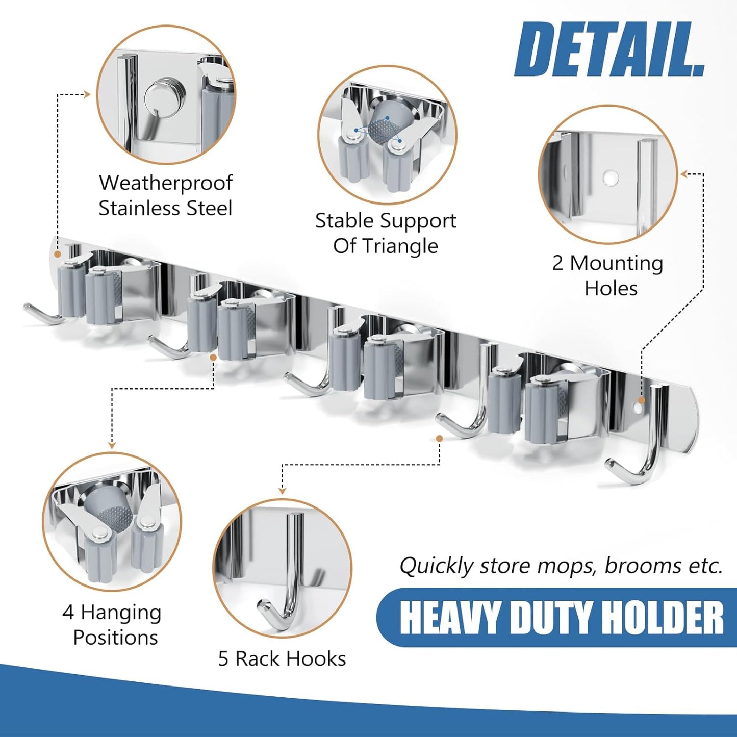 Wall Mounted Broom and Mop Organizer, Heavy Duty Stainless Steel Storage Rack for Brooms, Mops, Tools Space Saving Home Garage Organization (4 Racks with 5 Hooks)